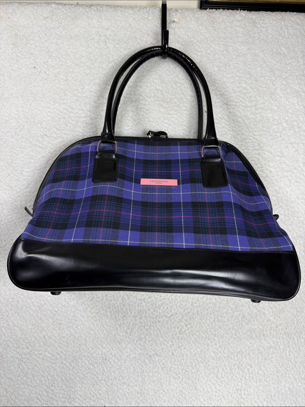 (T1) Liz Claiborne,large vintage Purple Plaid Dome Satchel Handbag with Black T